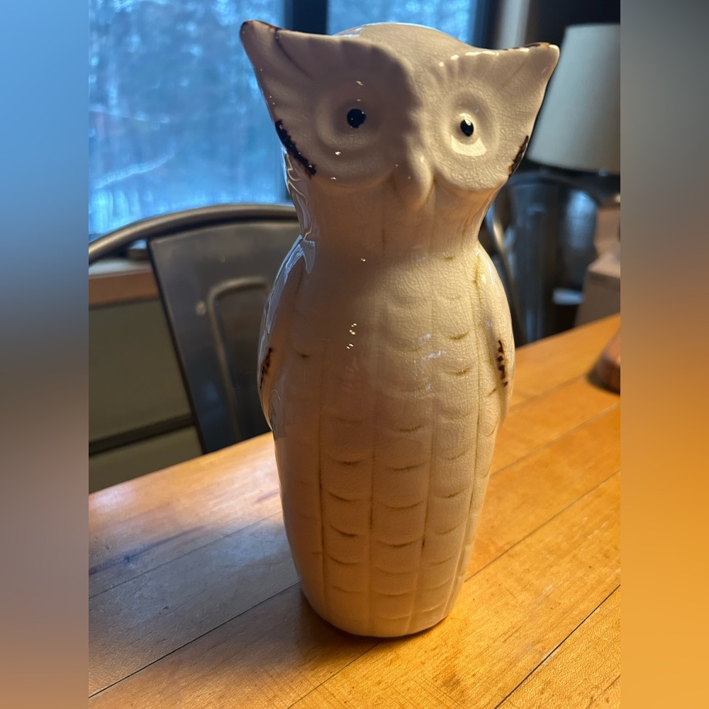 8.5” high pretty off white distressed owl figurine